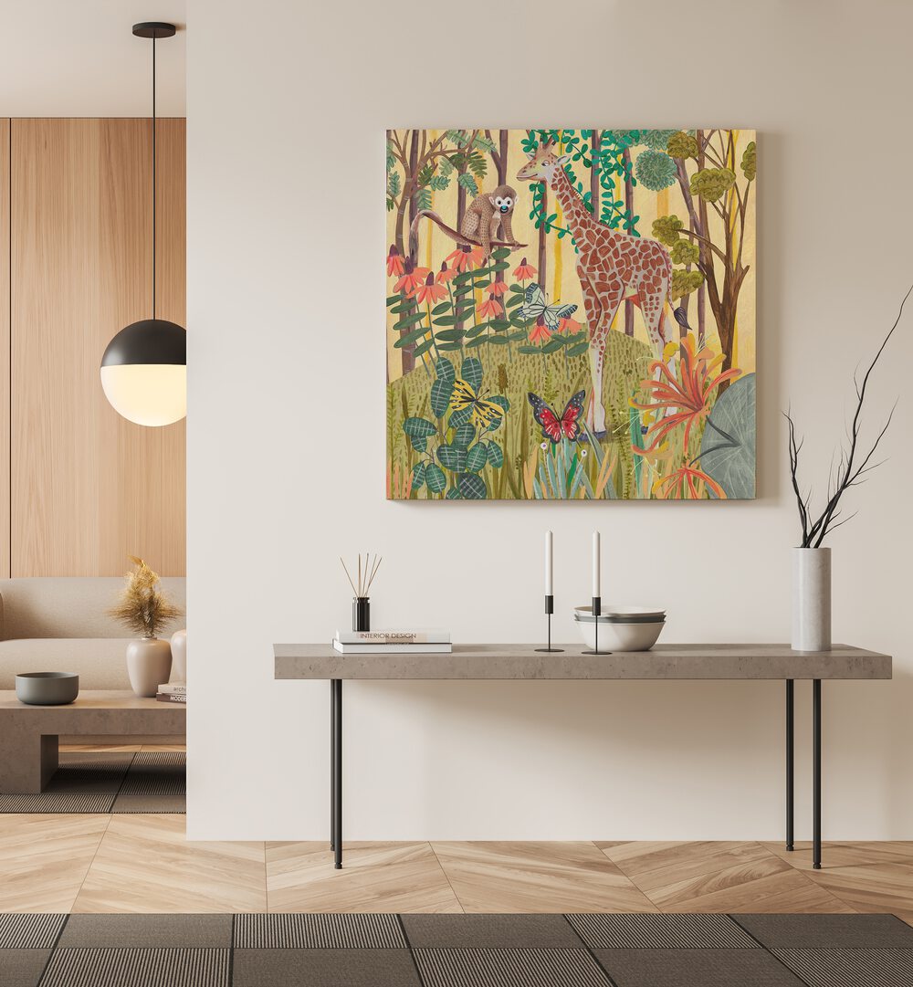 Giraffe in Nature By Caroline Bonne Muller Wildlife Paintings in Gallery Wrap on a cream wall above a table