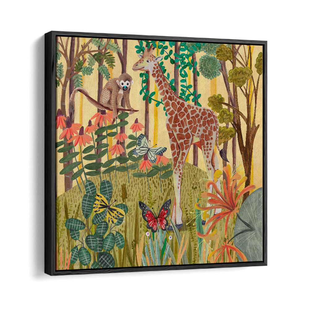 Giraffe in Nature By Caroline Bonne Muller Wildlife Paintings in Black Floater Frame