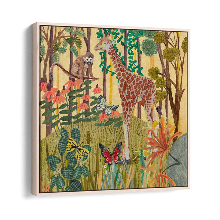 Giraffe in Nature By Caroline Bonne Muller Wildlife Paintings in Oak Wood Floater Frame