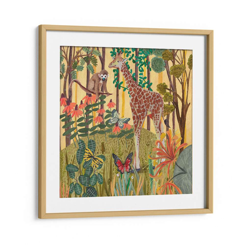 Giraffe in Nature By Caroline Bonne Muller Wildlife Paintings in Oak Wood Frame With Mount