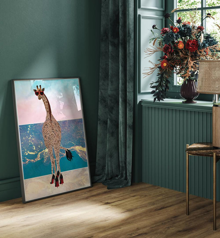 Giraffe on Holiday Wave By Sarah Manovski Wildlife Painting placed on wall 