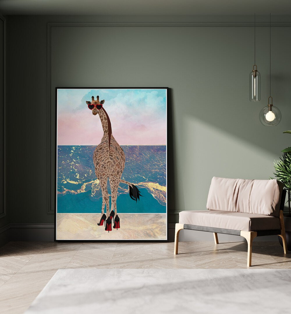 Giraffe on Holiday Wave By Sarah Manovski Wildlife Painting placed on wall 