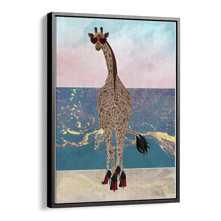 Giraffe on Holiday Wave By Sarah Manovski Wildlife Painting in Black Floater Frame