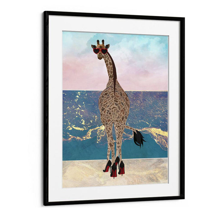 Giraffe on Holiday Wave By Sarah Manovski Wildlife Painting in Black Frame With Mount