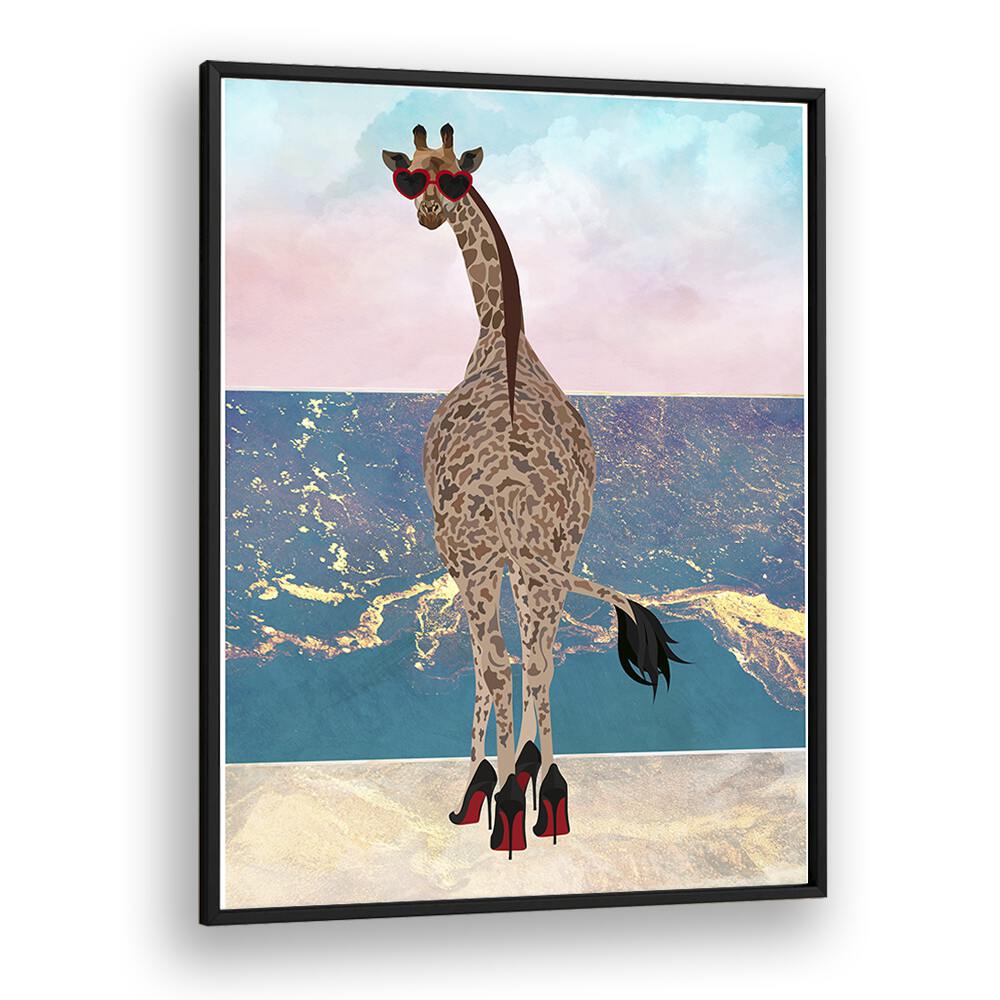 Giraffe on Holiday Wave By Sarah Manovski Wildlife Painting in Black Plain Frame