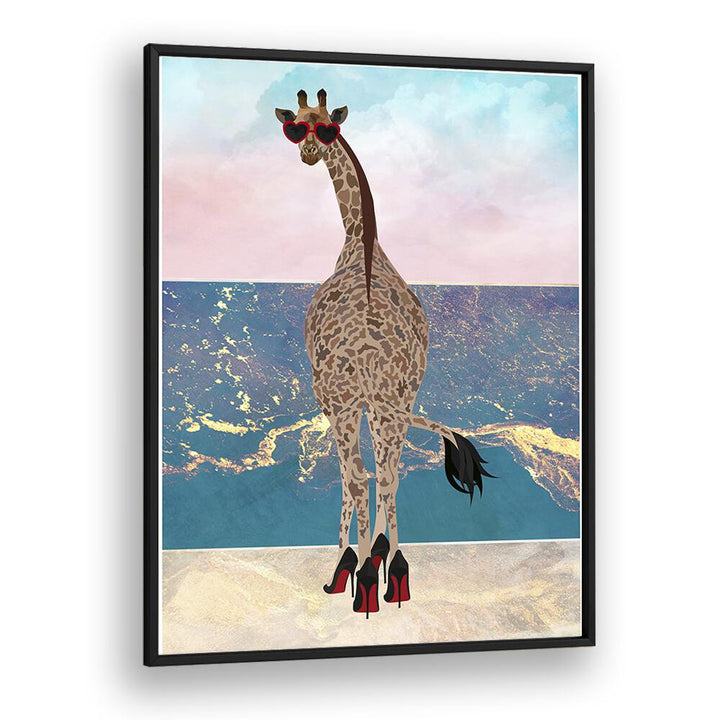 Giraffe on Holiday Wave By Sarah Manovski Wildlife Painting in Black Plain Frame