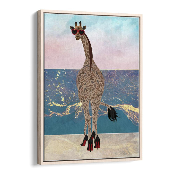 Giraffe on Holiday Wave By Sarah Manovski Wildlife Painting in Oak Wood Floater Frame