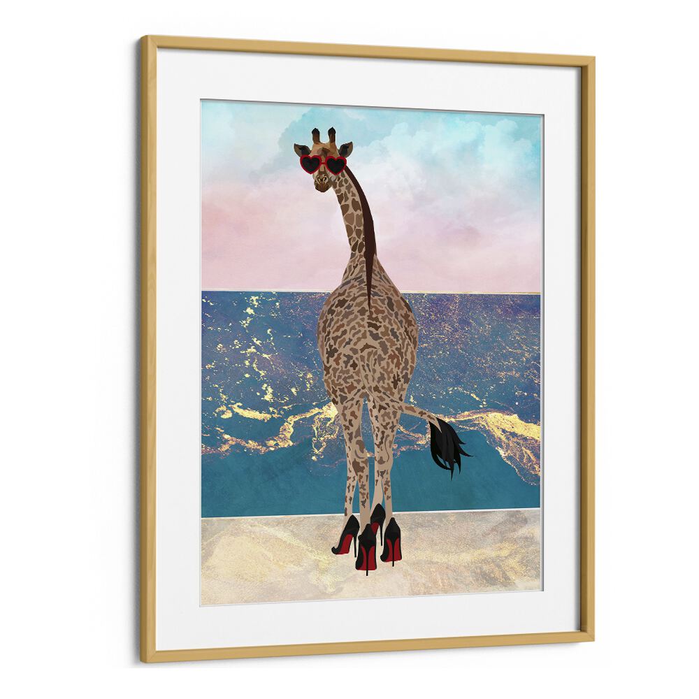 Giraffe on Holiday Wave By Sarah Manovski Wildlife Painting in Oak Wood Frame With Mount