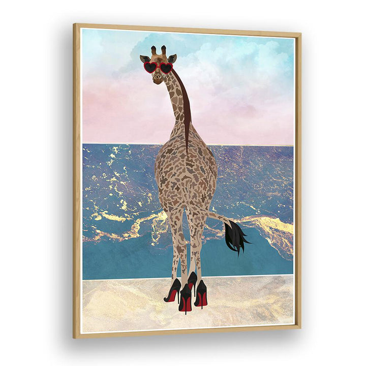 Giraffe on Holiday Wave By Sarah Manovski Wildlife Painting in Oak Wood Plain Frame