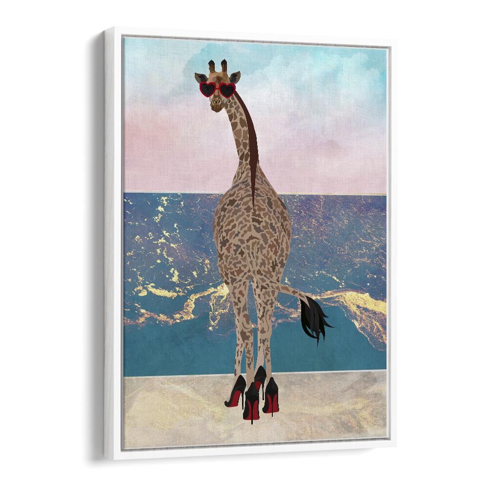 Giraffe on Holiday Wave By Sarah Manovski Wildlife Painting in White Floater Frame