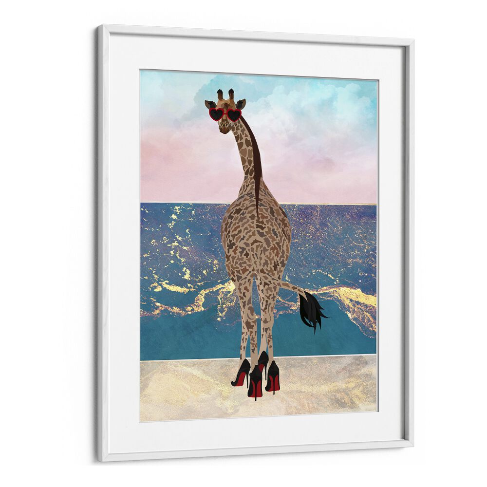 Giraffe on Holiday Wave By Sarah Manovski Wildlife Painting in White Frame With Mount