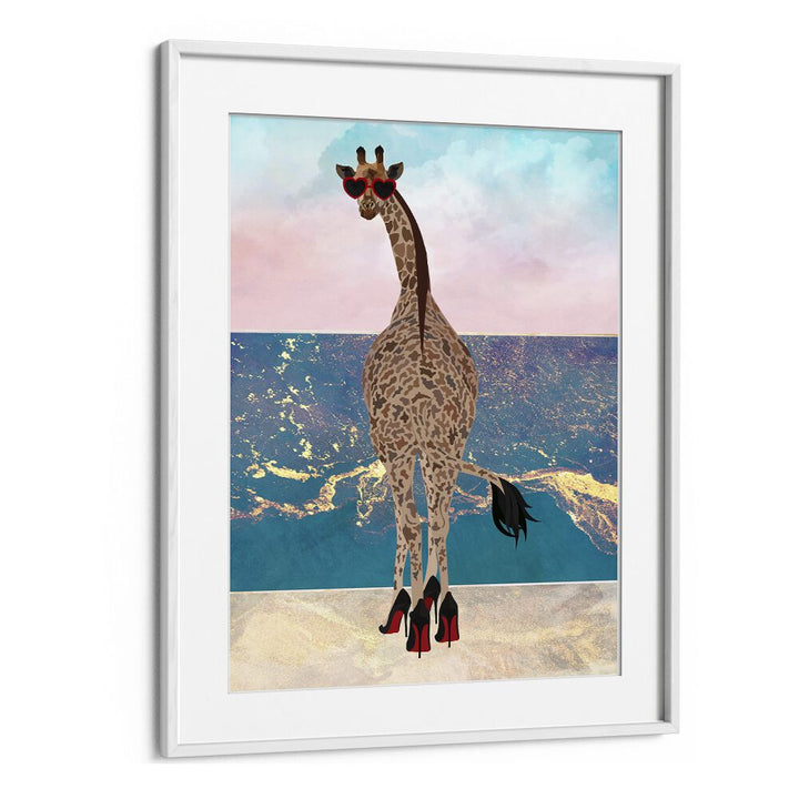 Giraffe on Holiday Wave By Sarah Manovski Wildlife Painting in White Frame With Mount