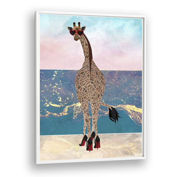 Giraffe on Holiday Wave By Sarah Manovski Wildlife Painting in White Plain Frame