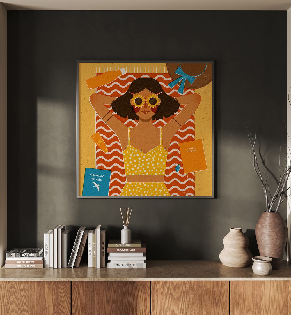 Girl At The Beach By Julia Leister Women Illustration Paintings in Dark Wood Plain Frame placed on a wall above a table