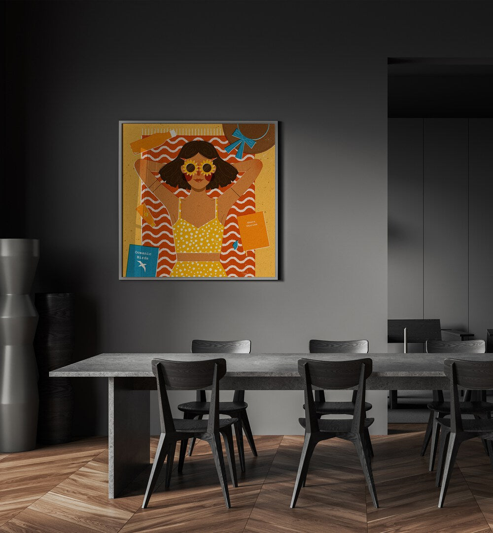 Girl At The Beach By Julia Leister Women Illustration Paintings in Black Plain Frame on a grey wall placed behind dining table