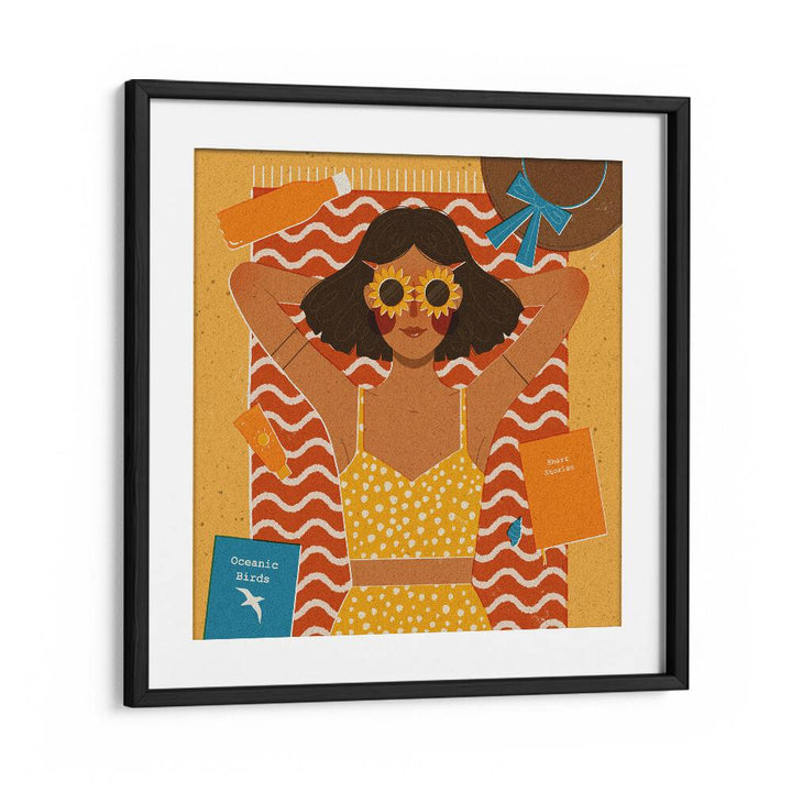 Girl At The Beach By Julia Leister Women Illustration Paintings in Black Frame With Mount