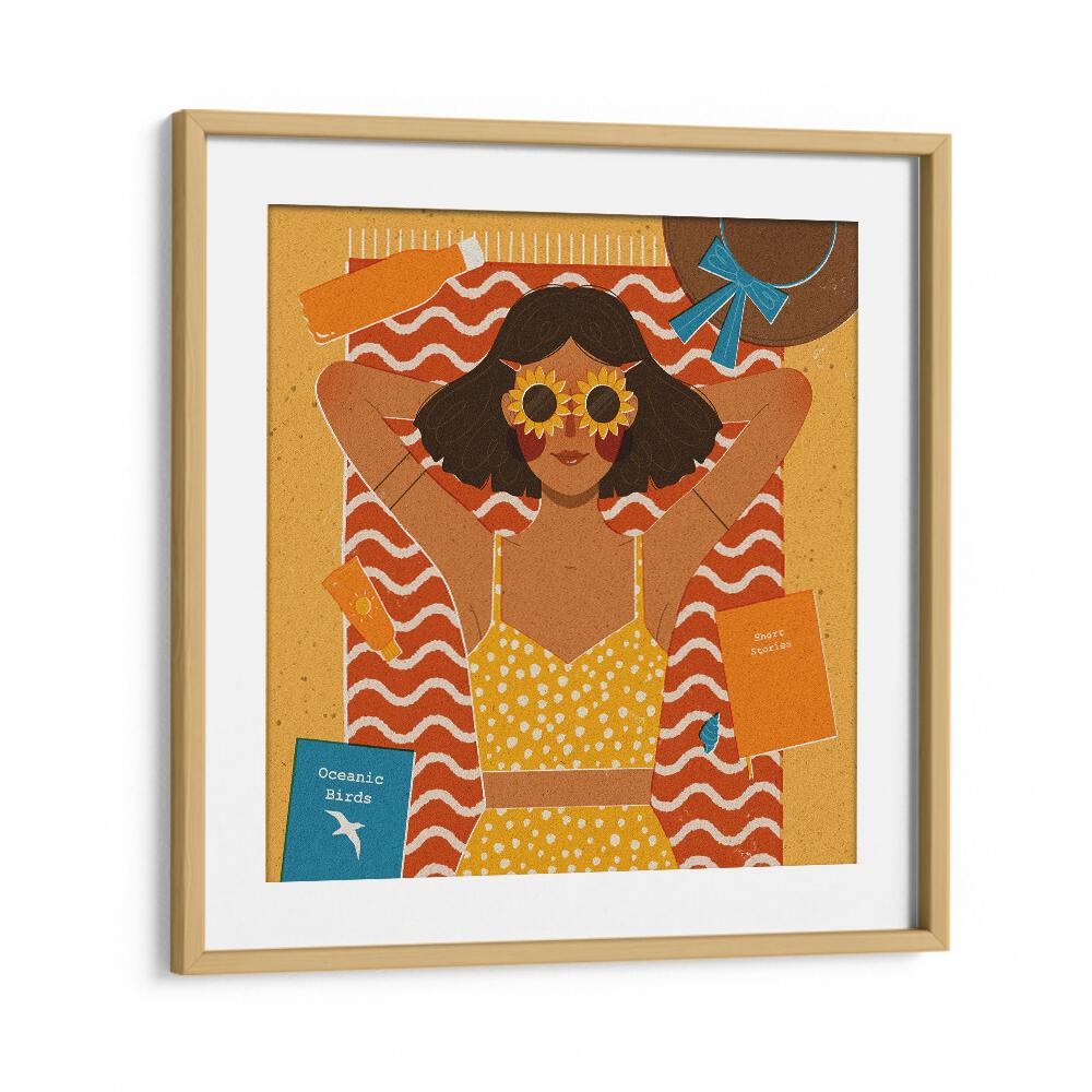 Girl At The Beach By Julia Leister Women Illustration Paintings in Oak Wood Frame With Mount