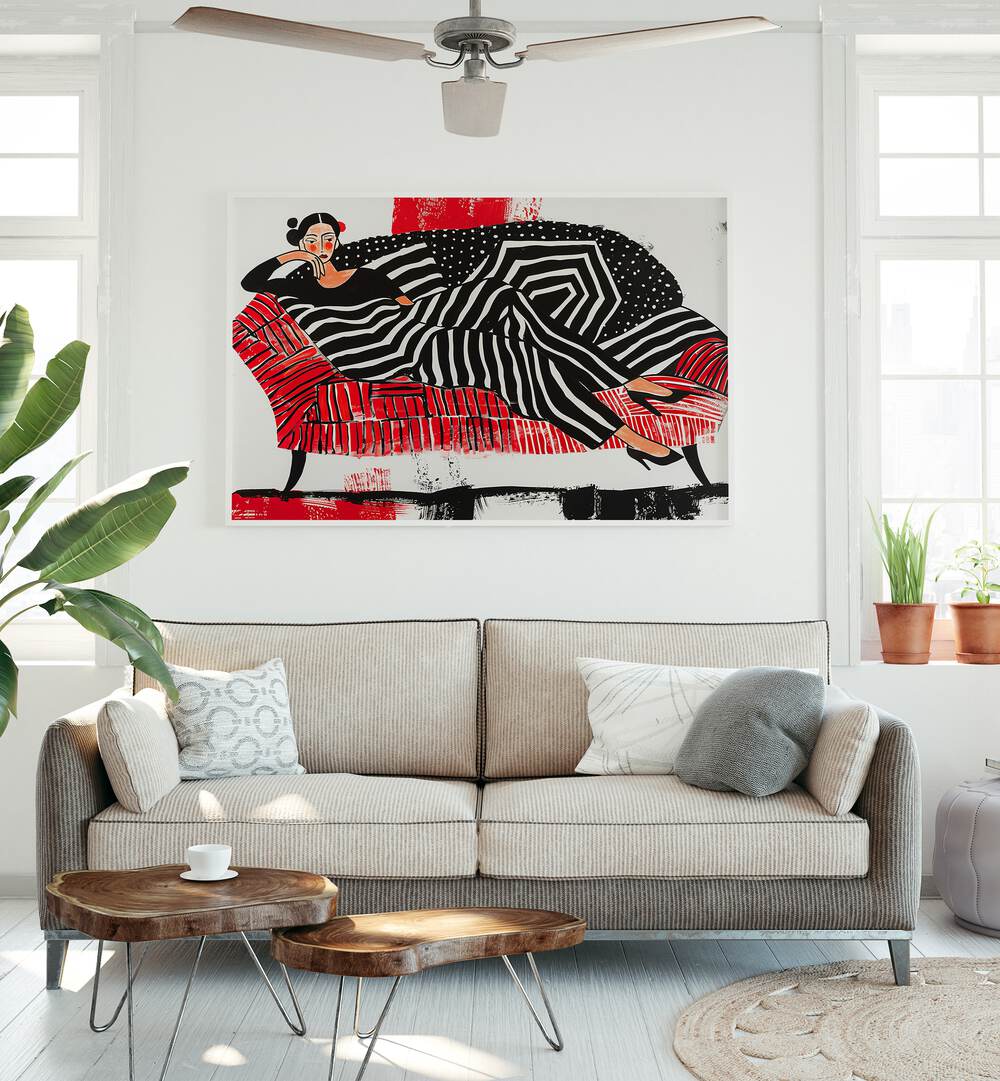 Girl On Red Sofa  Women Illustrations paintings in White Plain Frame placed on a wall behind a sofa