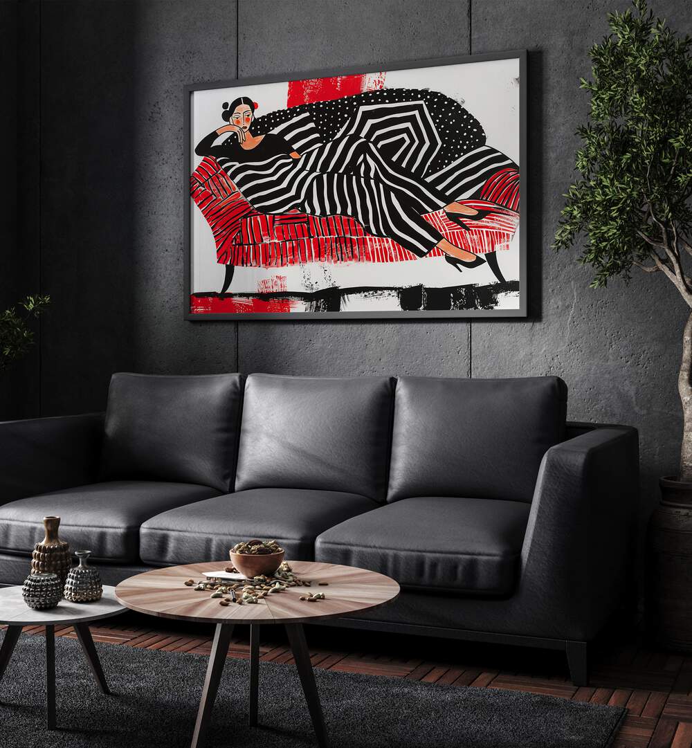 Girl On Red Sofa  Women Illustrations paintings in Black Plain Frame on a wall behind a sofa 