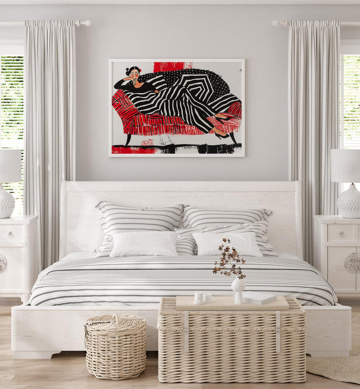 Girl On Red Sofa  Women Illustrations paintings in White Plain Frame placed on a wall behind a bed