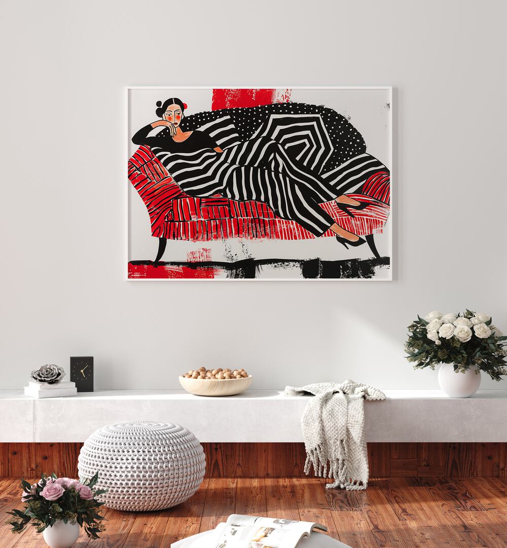 Girl On Red Sofa  Women Illustrations paintings in White Plain Frame placed on a wall above a console table