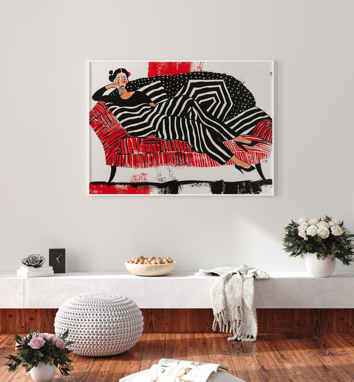 Girl On Red Sofa  Women Illustrations paintings in White Plain Frame placed on a wall above a console table