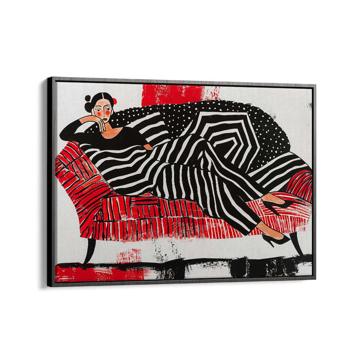 Girl On Red Sofa  Women Illustrations paintings in Black Floater Frame