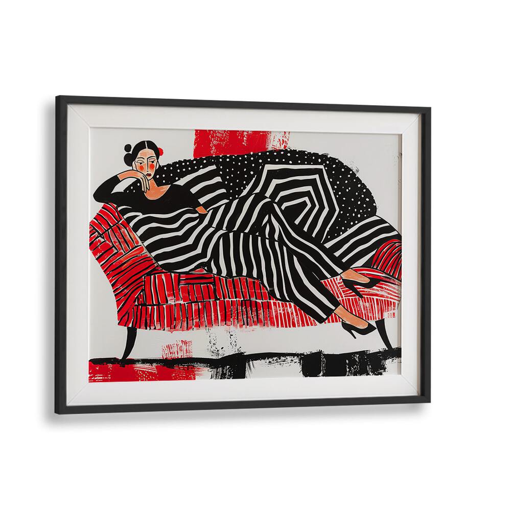 Girl On Red Sofa  Women Illustrations paintings in Black Frame With Mount