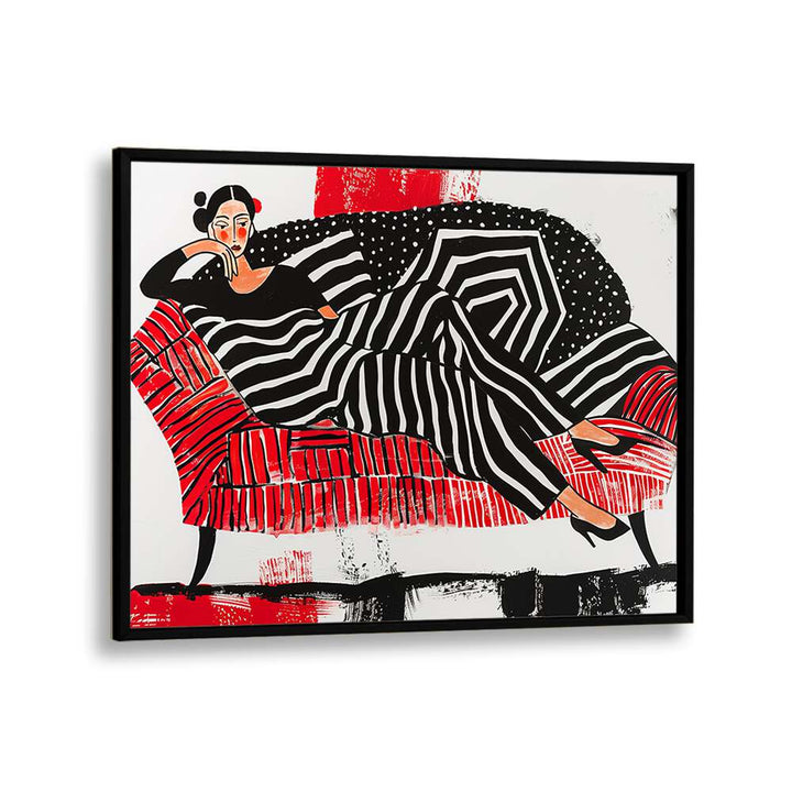 Girl On Red Sofa  Women Illustrations paintings in Black Plain Frame