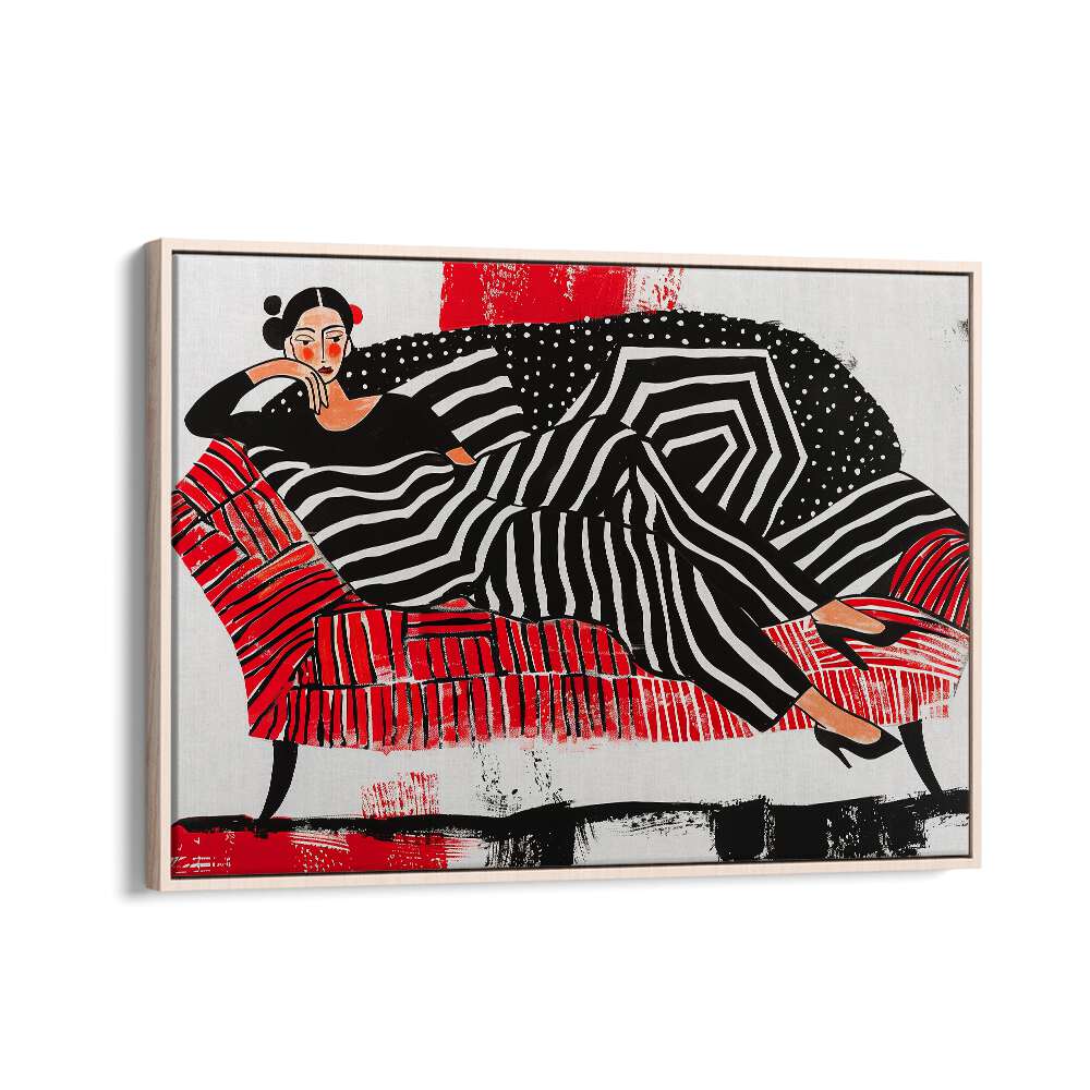 Girl On Red Sofa  Women Illustrations paintings in Oak Wood Floater Frame