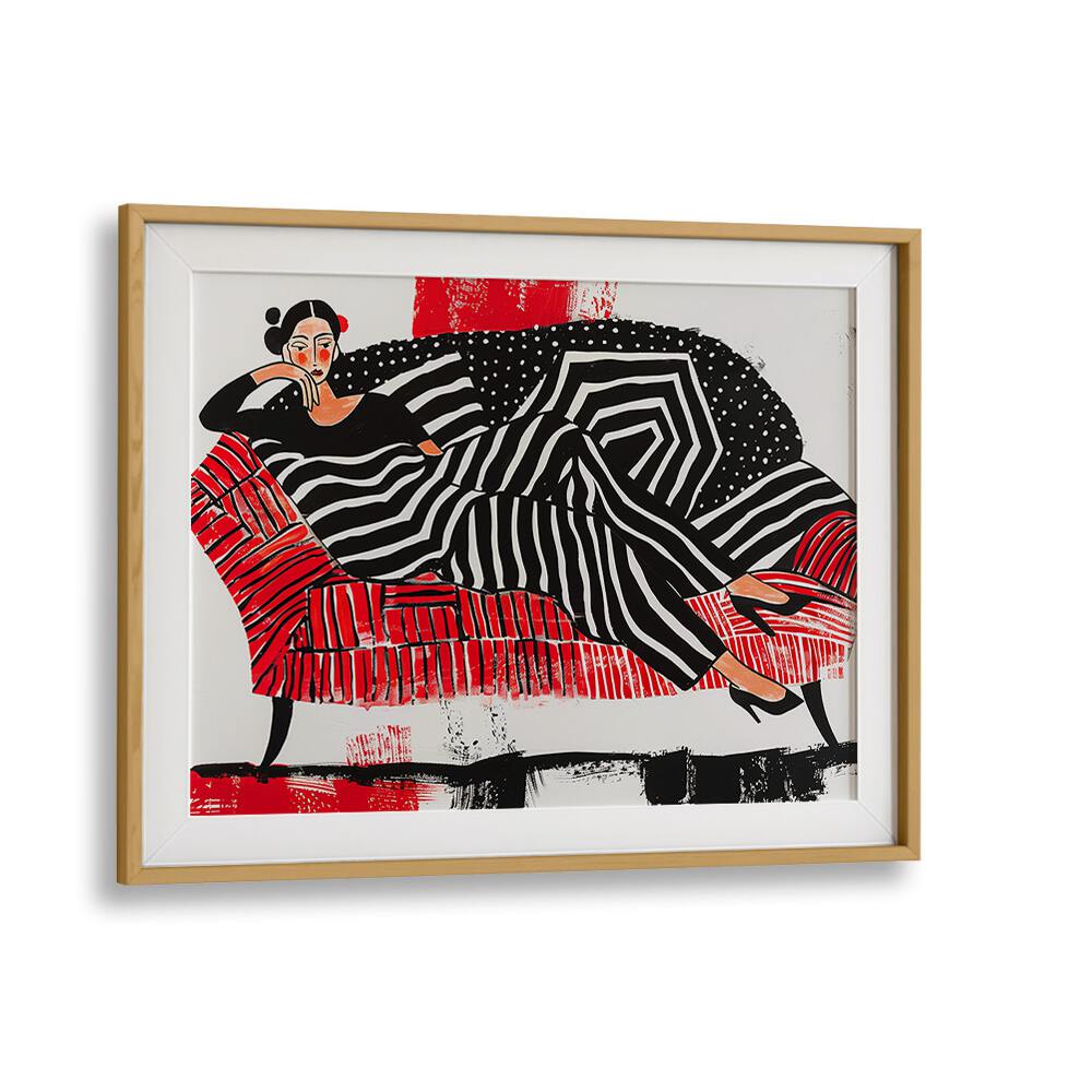 Girl On Red Sofa  Women Illustrations paintings in Oak Wood Frame With Mount