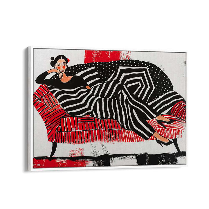 Girl On Red Sofa  Women Illustrations paintings in White Floater Frame