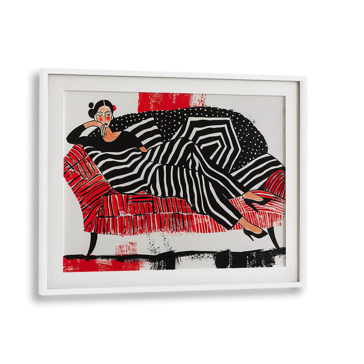 Girl On Red Sofa  Women Illustrations paintings in White Frame With Mount