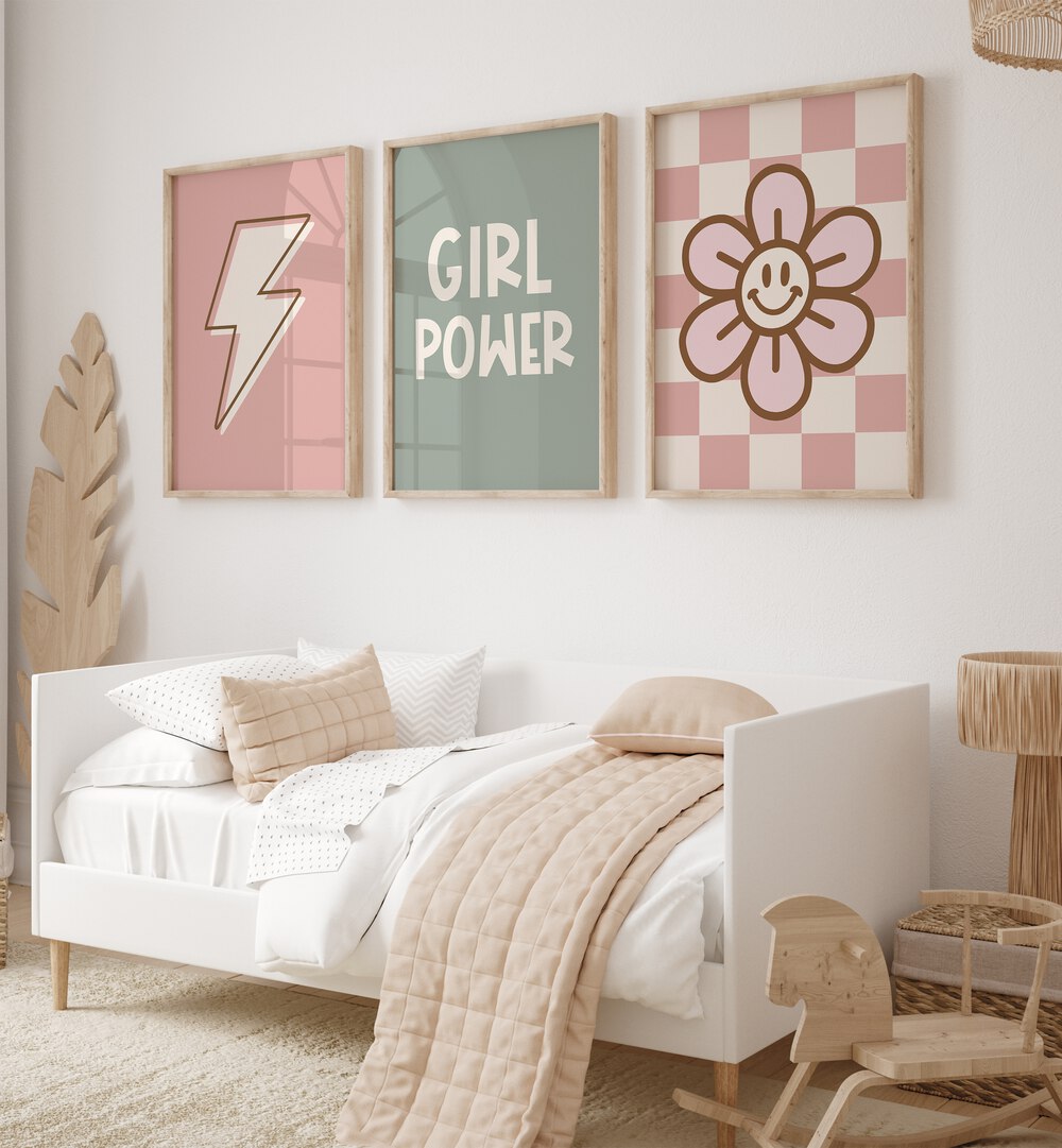 Girl Power Set Of 3 Paintings in Oak Wood Plain Frame placed on a wall behind kids bed for kids room