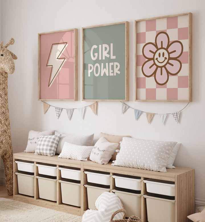 Girl Power Set Of 3 Paintings in Oak Wood Plain Frame placed on a wall behind a console table in a kids room