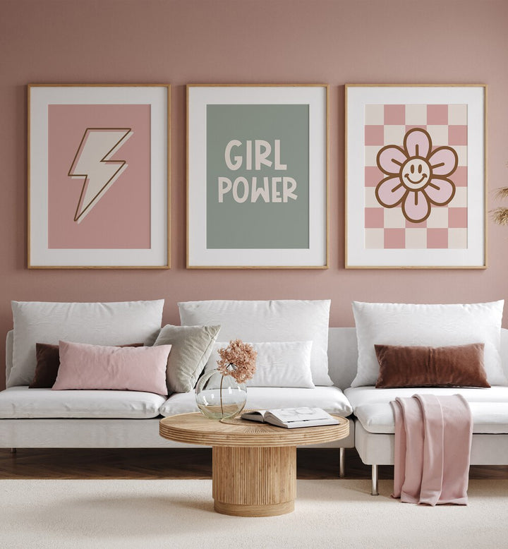 Girl Power Set Of 3 Paintings in Oak Wood Frame With Mount placed on a wall living room wall behind a sofa