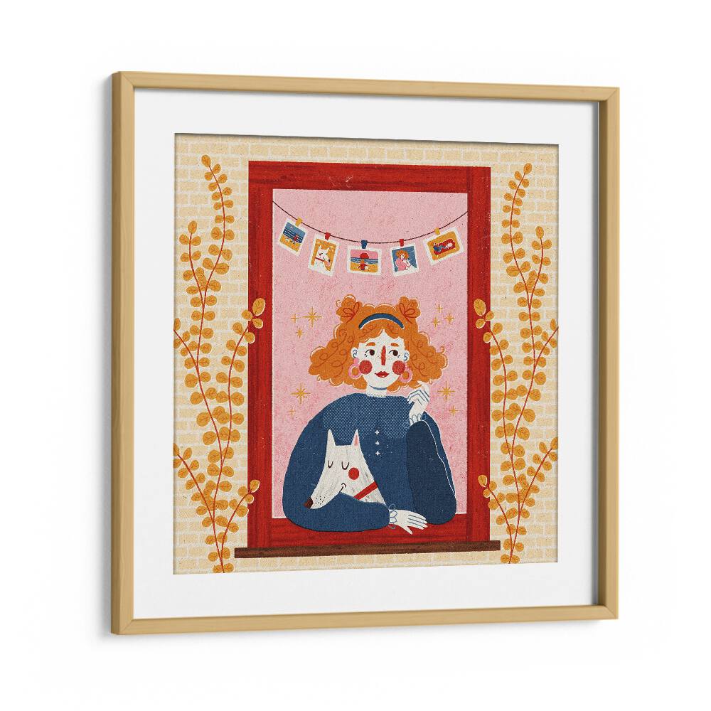 Girl With Her Dog By Julia Leister Women Illustration Paintings in Oak Wood Frame With Mount