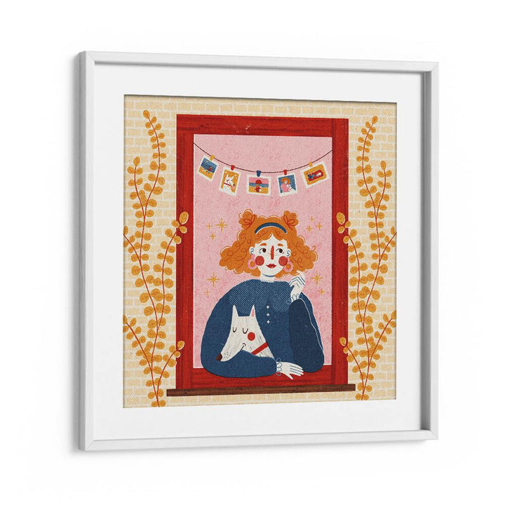 Girl With Her Dog By Julia Leister Women Illustration Paintings in White Frame With Mount