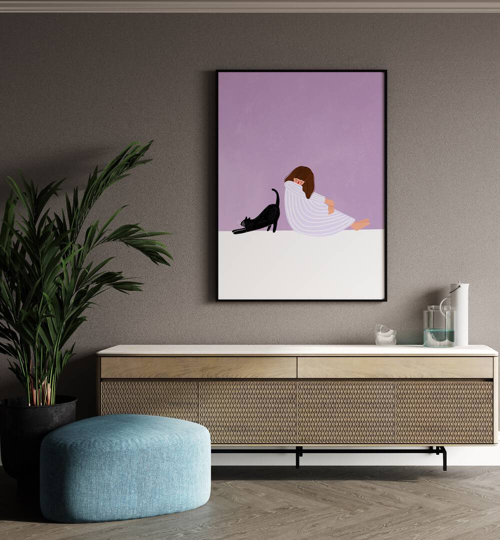 Girl and Cat By Bea Muller Women Illustration Paintings in Black Plain Frame on a wall above a console table beside a plant