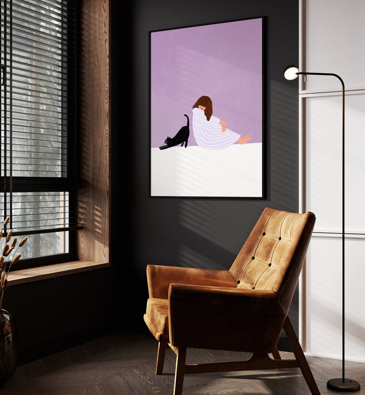 Girl and Cat By Bea Muller Women Illustration Paintings in Black Plain Frame on a wall beside an orange sofa