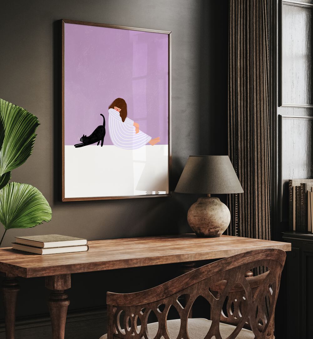 Girl and Cat By Bea Muller Women Illustration Paintings in Dark Wood Plain Frame on a wall above a study  table beside a plant