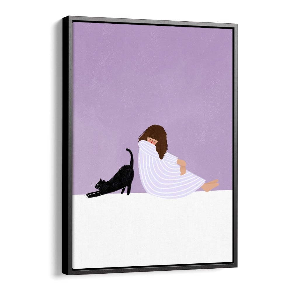 Girl and Cat By Bea Muller Women Illustration Paintings in Black Floater Frame