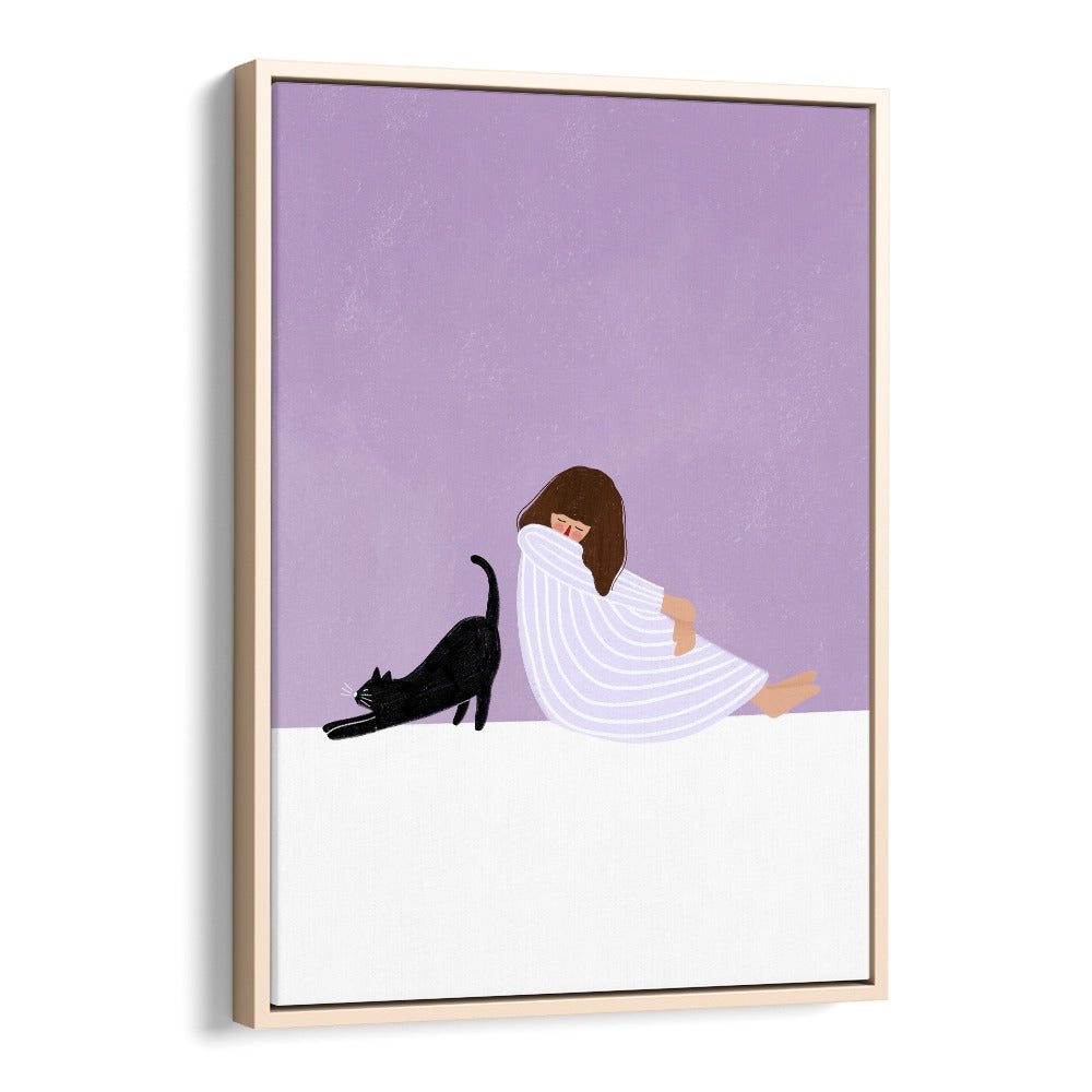 Girl and Cat By Bea Muller Women Illustration Paintings in Oak Wood Floater Frame