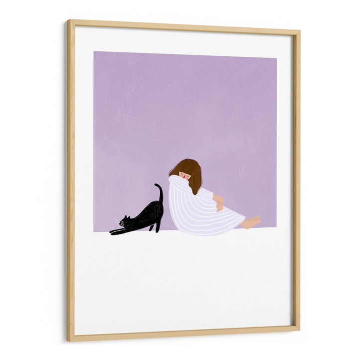 Girl and Cat By Bea Muller Women Illustration Paintings in Oak Wood Frame With Mount