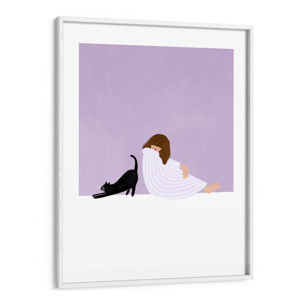 Girl and Cat By Bea Muller Women Illustration Paintings in White Frame With Mount