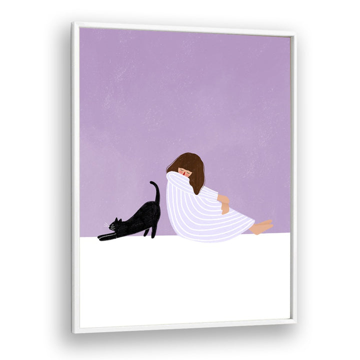 Girl and Cat By Bea Muller Women Illustration Paintings in White Plain Frame