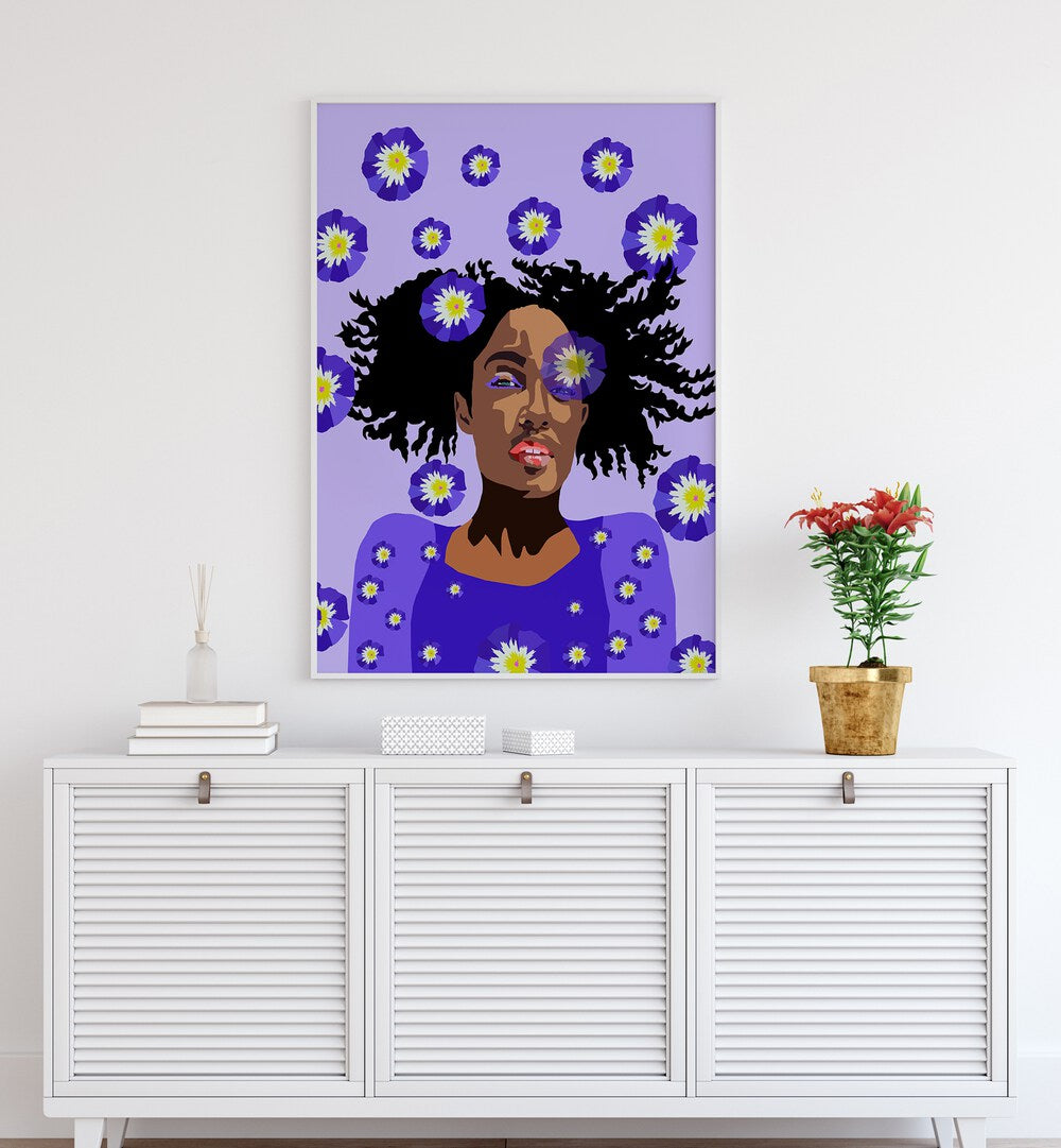 Girl in Purple Ii By Lynnda Rakos Pop Art Paintings Pop Art Prints in White Plain Frame placed on a wall behind a console table