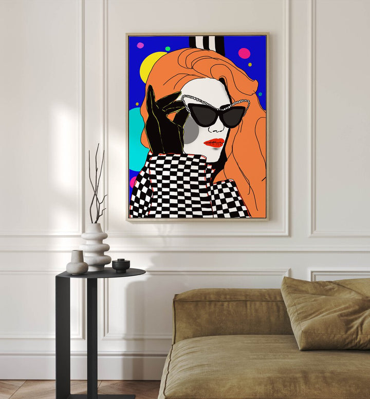 Glamour By Ana Sneeringer Wall Art Prints in Oak Wood Floater Frame placed on a wall behind a sofa