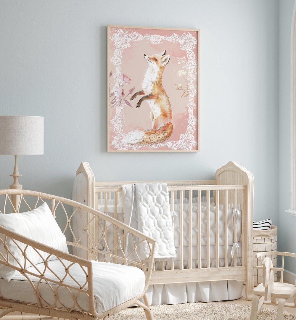 Gleeful Fox Kids Room Paintings Kids Room Wall Art in Oak Wood Plain Frame placed on a wall in a kids room behind an infant's bed