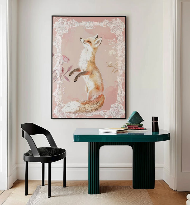 Gleeful Fox Kids Room Paintings Kids Room Wall Art in Black Plain Frame placed on a wall behind a study table